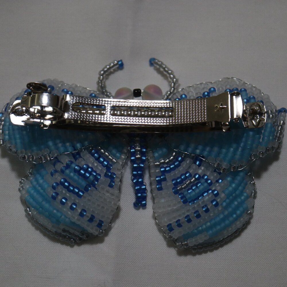 Hair clip Hand Beaded Butterfly French Barrette Blue, Frost White, Silver 4.5" - Picture 2 of 2